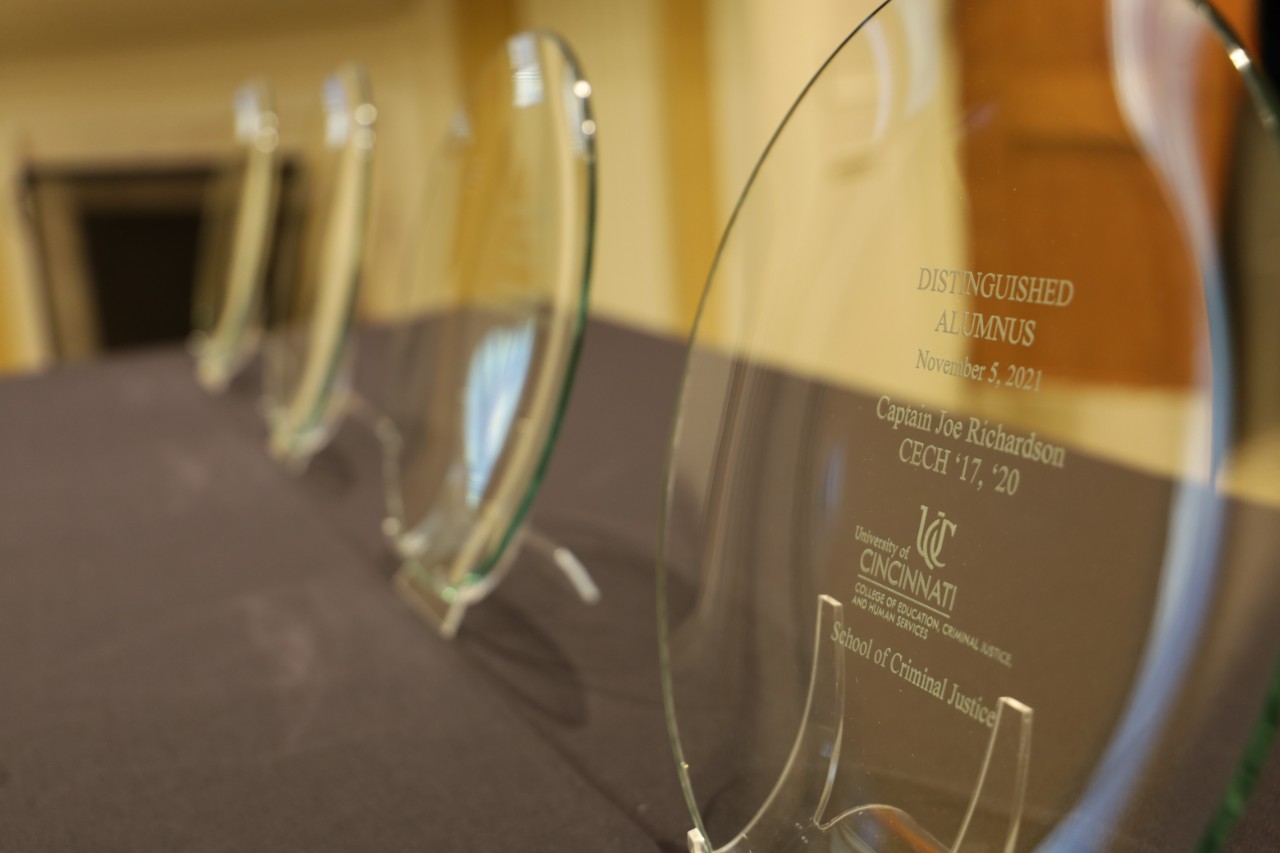2019 Distinguished Alumni (from left to right) Daniel Hayes, Nicole Schiesler, Susan Noonan, and Laura Mitchell with Dean Lawrence Johnson”
