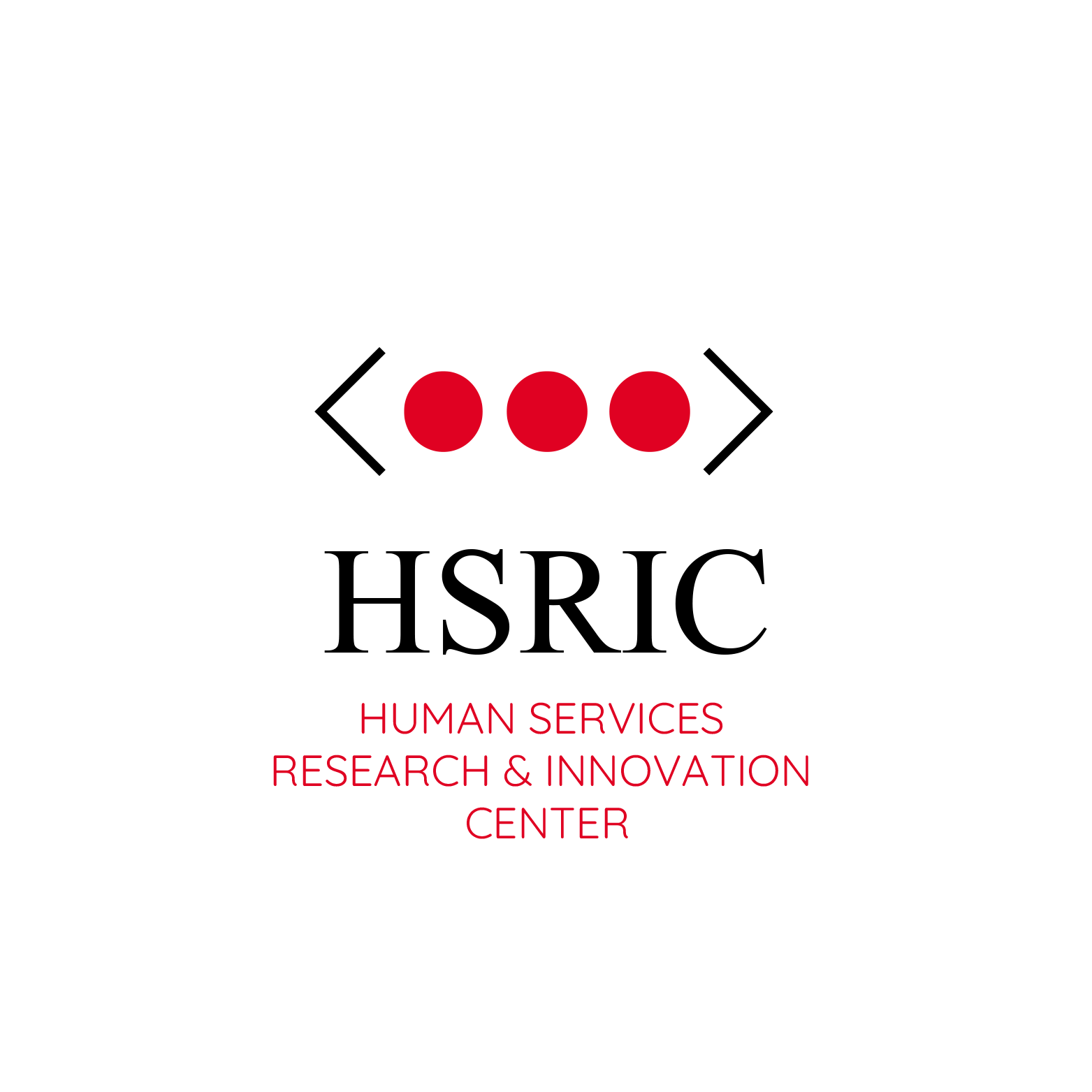 SYMBOL OF LEFT CARROT SYMBOL WITH THREE RED DOTS THEN A RIGHT CARROT SYMBOL BELOW ARE THE LETTERS HSRIC, THE ABBREVIATION FOR HUMAN SERVICES RESEARCH & INNOVATION CENTER.