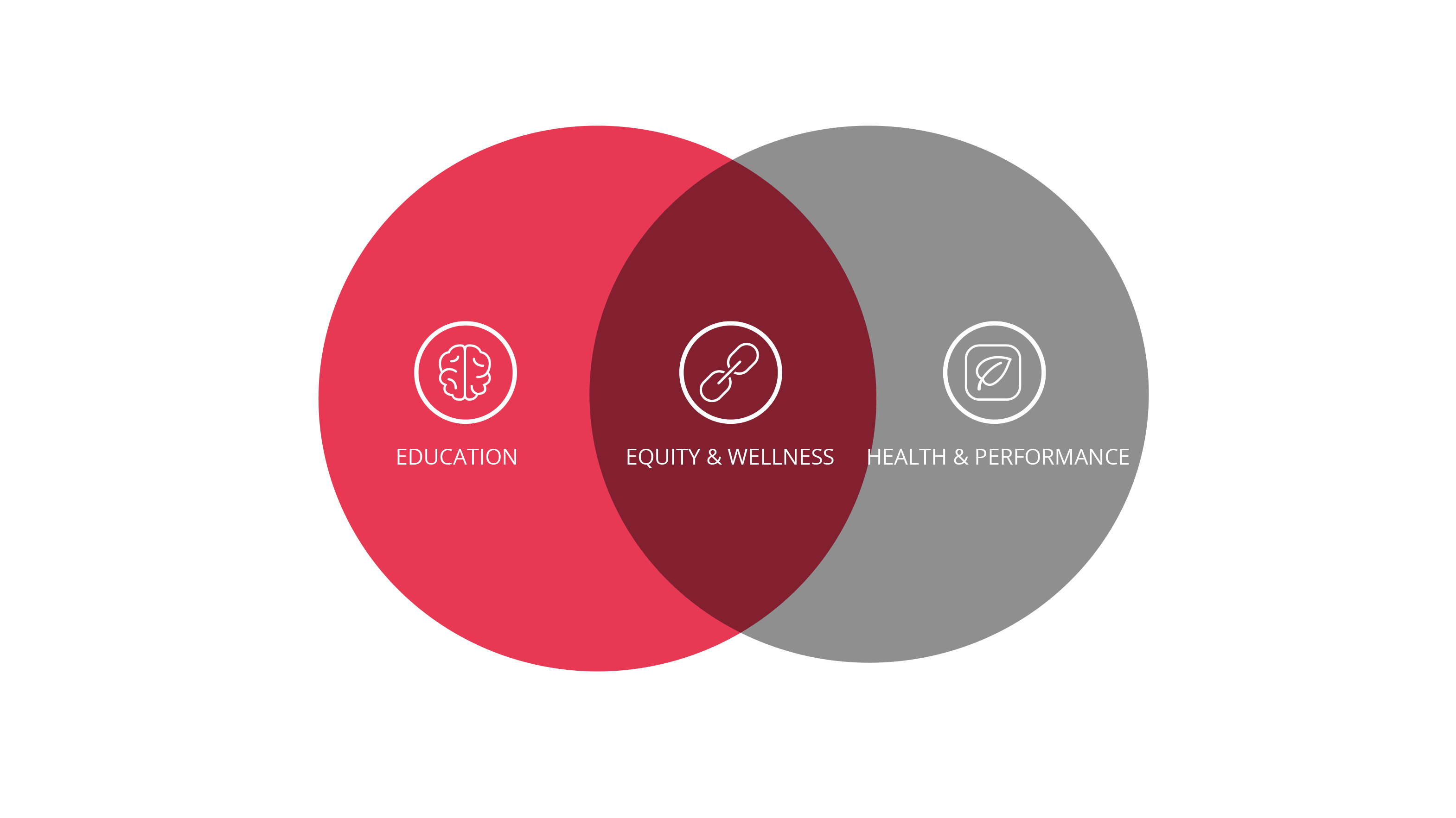 VENN DIAGRAM CONSISTING OF RED CIRCLE OVERLAPPING WITH GRAY CIRCLE.  RED CIRCLE HAS THE WORD EDUCATION WITH THE ICON OF A BRAIN, THE GRAY CIRCY HAS THE WORDS HEALTH & PERFORMANCE WITH AN ICON OF A LEAF.  THE OVERLAP AREA HAS THE WORDS EQUITY AND WELLNESS WITH A CHAIN LINK ICON.