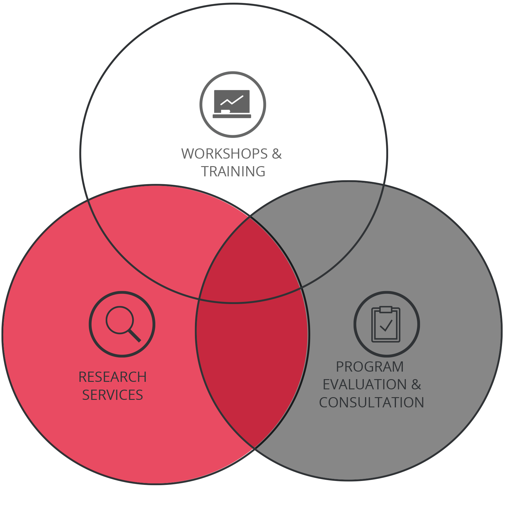 VENN DIAGRAM OF THREE CIRCLES.  THE RED CIRCLE HAS THE WORDS RESEARCH SERVICES WITH AN ICON OF A MAGNIFYING CLASS.  THE GRAY CIRCLE HAS THE WORDS PROGRAM EVALUATION AND CONSULTATION WITH AN ICON OF A CLIPBOARD WITH A CHECK MARK.  THE WHITE CIRCLE HAS THE WORDS WORKSHOPS AND TRAINING WITH A COMPUTER ICON.